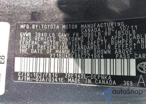 2011 Toyota Corolla Le from USA, damaged, VIN 2T1BU4EEXBC721864